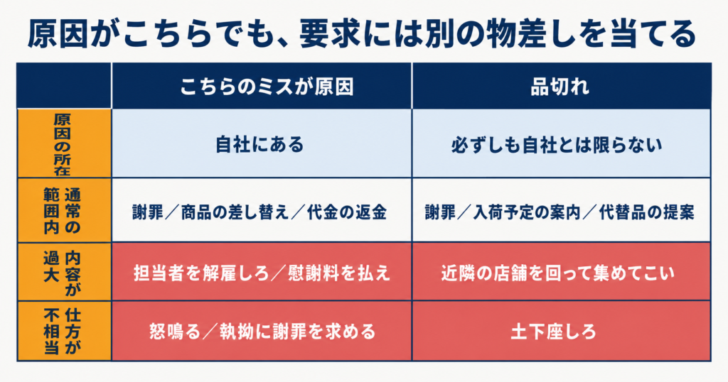 ミスと品切れの2場面を、原因の所在・通常の範囲内・内容が過大・仕方が不相当の4段で分解した表。