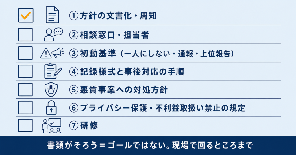 カスハラ対策の準備チェックリスト。方針・相談窓口・初動基準・記録・悪質対処・規定・研修の7項目。