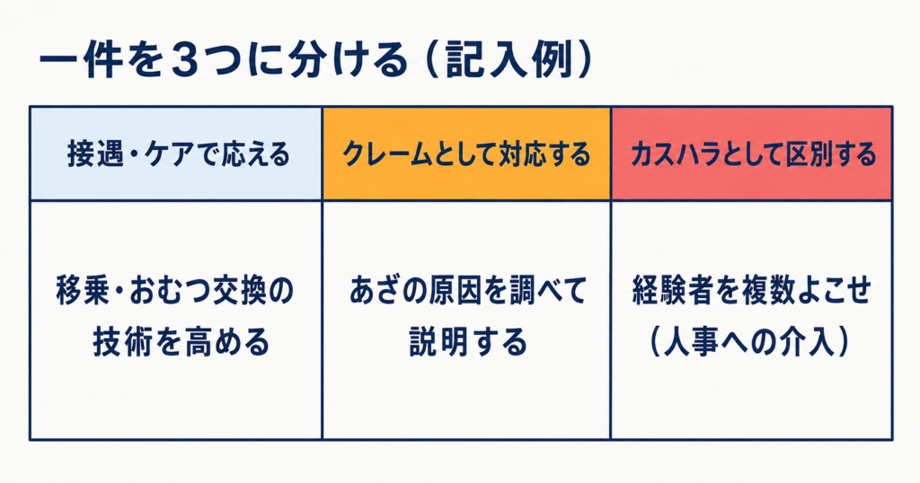 家族の訴えを、移乗・おむつ交換の技術指摘、あざの原因調査、経験者を複数よこせという人事介入の3つに振り分けた記入例。