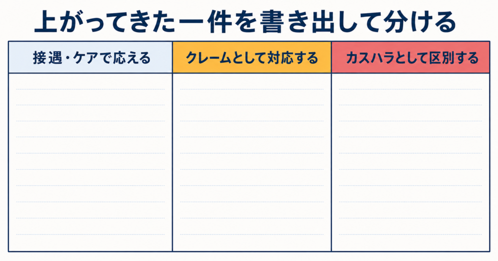 接遇で応える、クレームとして対応する、カスハラとして区別する、の3列からなる空欄の仕分けシート。