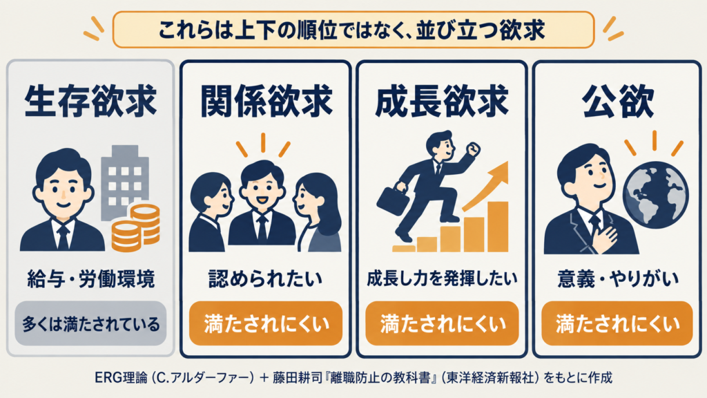ERG理論の生存・関係・成長の3欲求と公欲を並列に並べ、中核人材では生存欲求は満たされ、関係・成長・公欲が満たされにくいことを示す図
