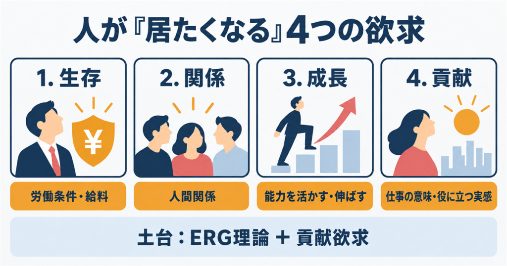 生存・関係・成長・貢献の4つの欲求と、対応する退職理由を示した図。土台はERG理論＋貢献欲求